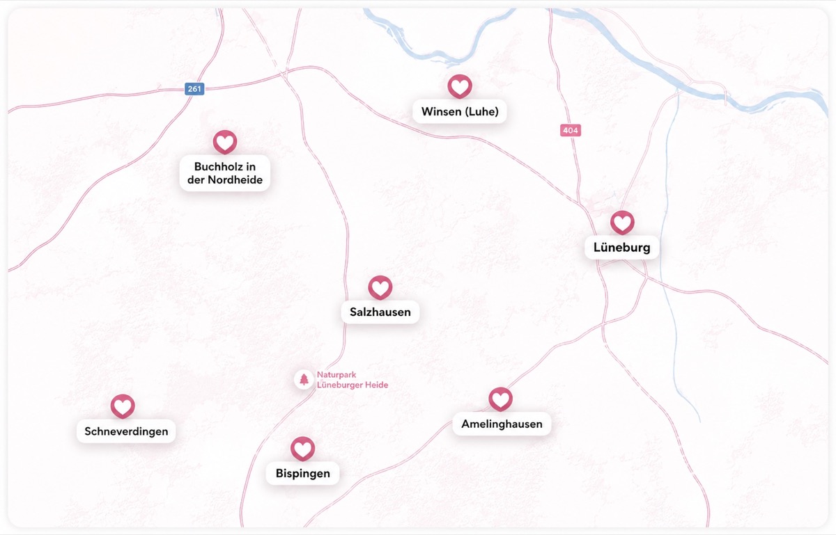 Karte der Lüneburger Heide mit Lüneburg, Salzhausen, Winsen, Buchholz, Bispingen und Amelinghausen
